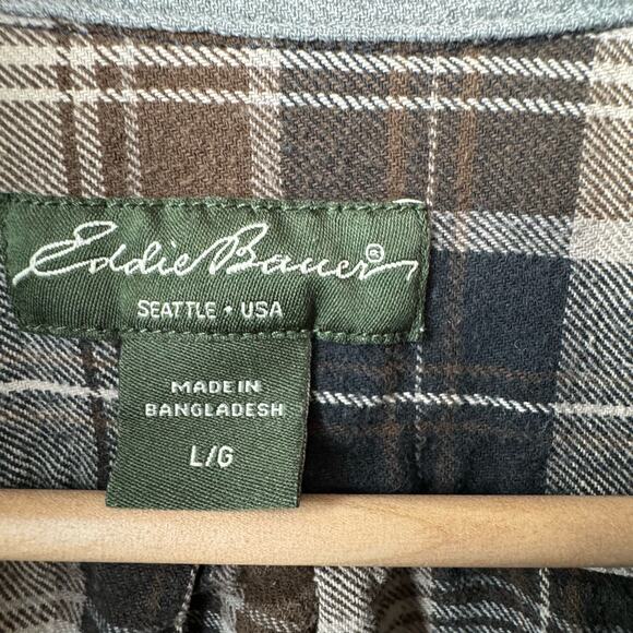 Eddie Bauer Brown Cream Navy Plaid Button Down Shirt Men’s Large - Picture 4 of 4